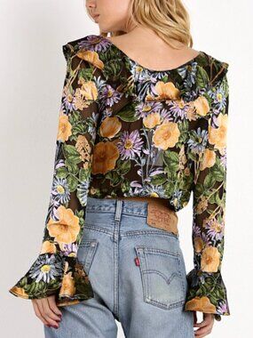 For Love & Lemons Luciana Ruffle Blouse Black Floral